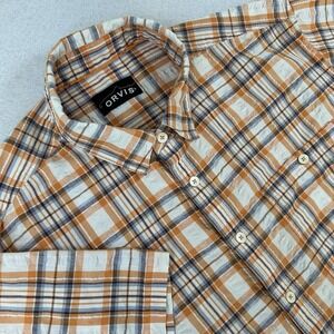 Orvis Shirt Mens XXL Orange Plaid Seersucker Linen Blend Shirt Fishing Outdoor